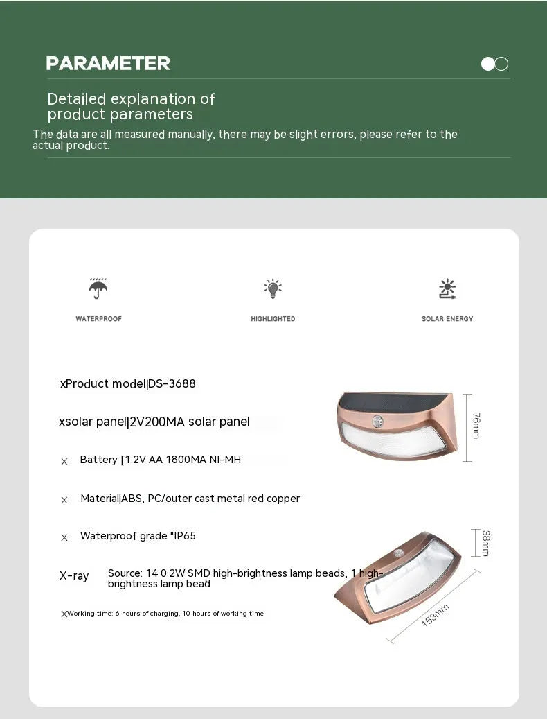 Solar outdoor wall lamp with smiling face design, dimensions 153mm by 76mm by 38mm