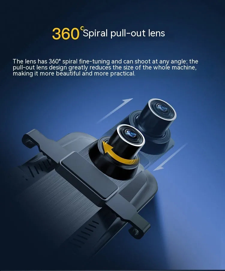Black rearview mirror dash cam with 10-inch touch screen display for 1080P driving recording.