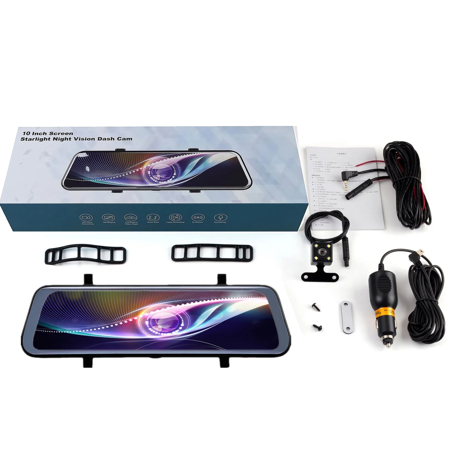 Black rearview mirror dash cam with 10-inch touch screen display for 1080P driving recording.