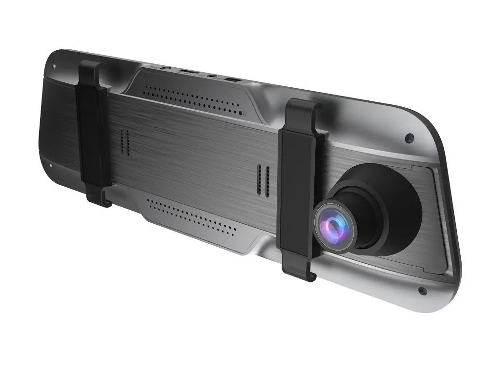 Black rearview mirror dash cam with 10-inch touch screen display for 1080P driving recording.