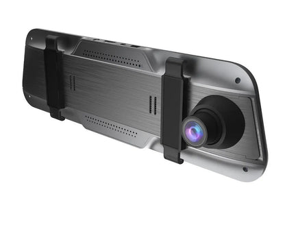 Black rearview mirror dash cam with 10-inch touch screen display for 1080P driving recording.