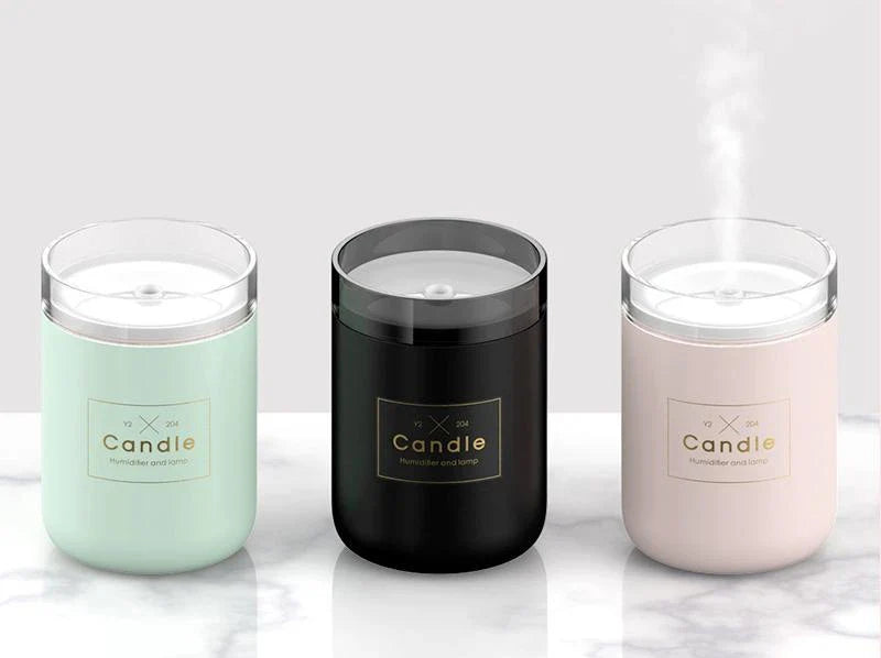 Compact USB-powered mist humidifier with mood light, available in fresh green, rose powder, and black colors