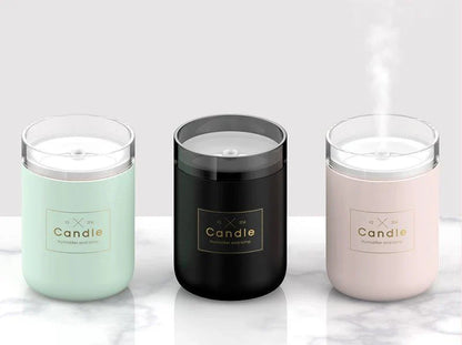 Compact USB-powered mist humidifier with mood light, available in fresh green, rose powder, and black colors