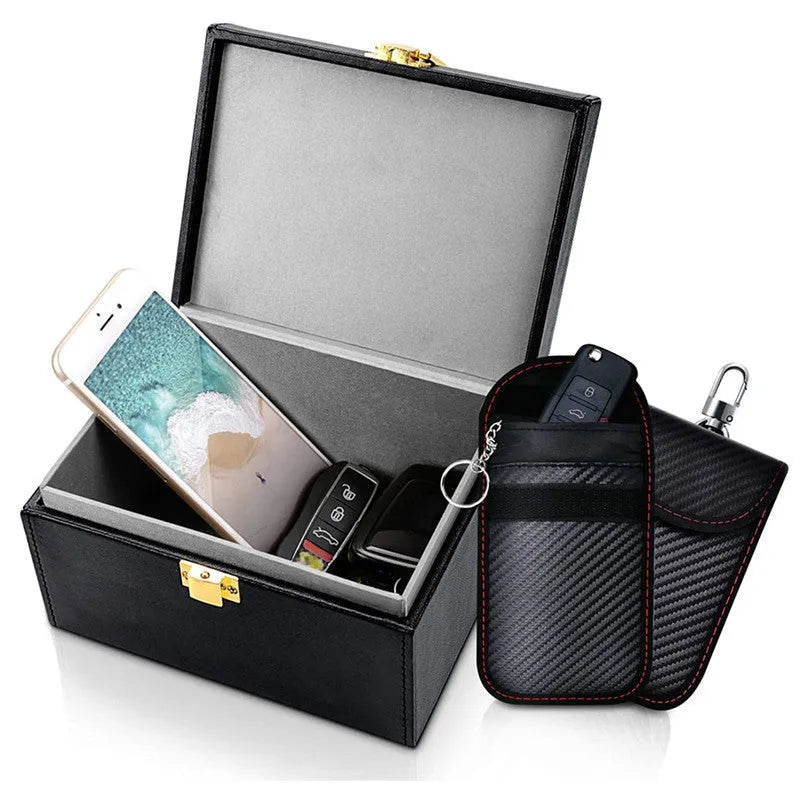 Black carbon fibre anti-theft shielding box suit with two key cases for RFID protection
