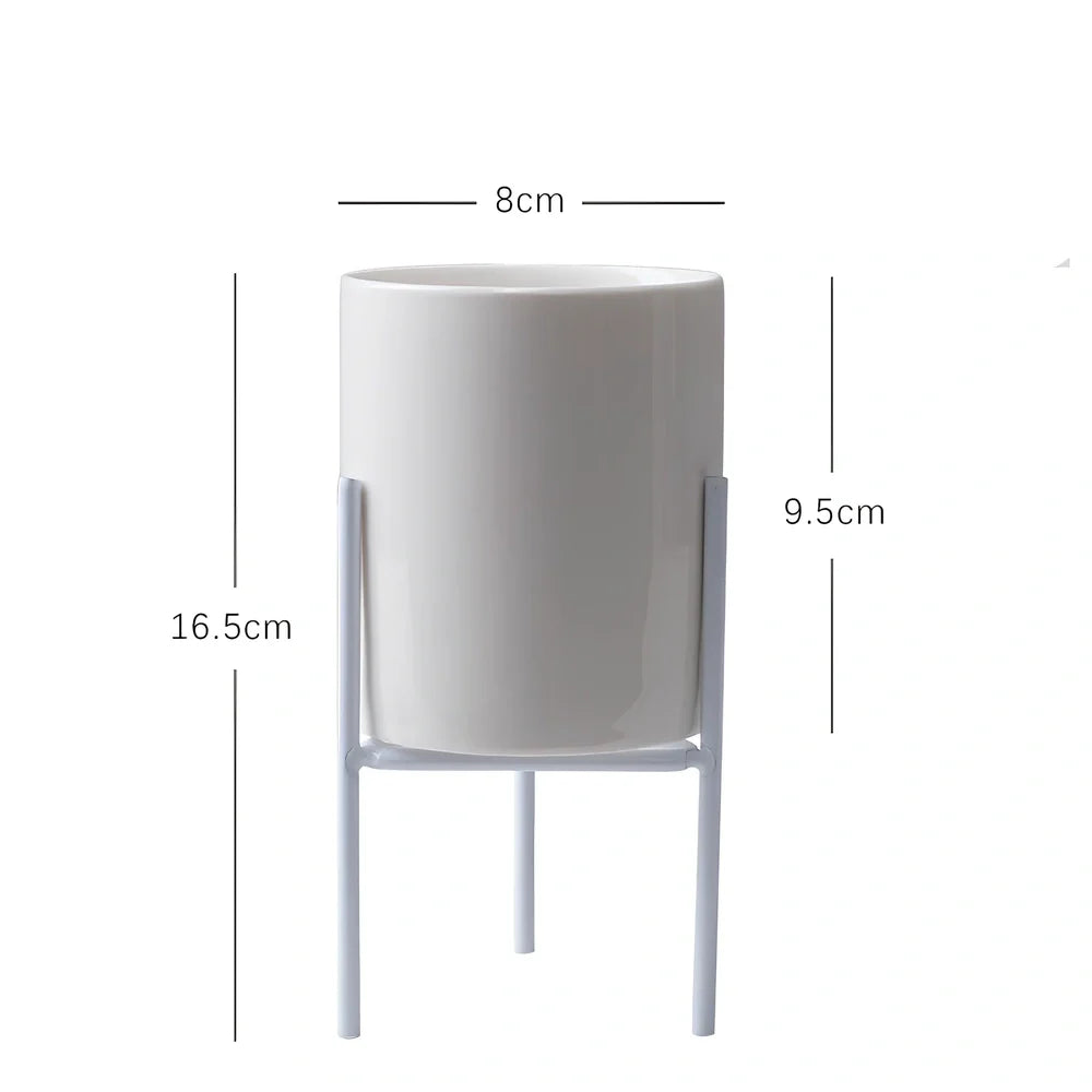 Black iron frame with white ceramic succulent flowerpot in 12.5cm and 16.5cm diameter sizes