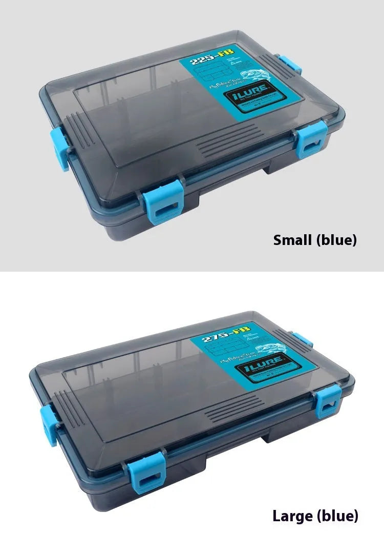 Blue waterproof PP plastic fishing lure storage box with lid open, showing single compartment.