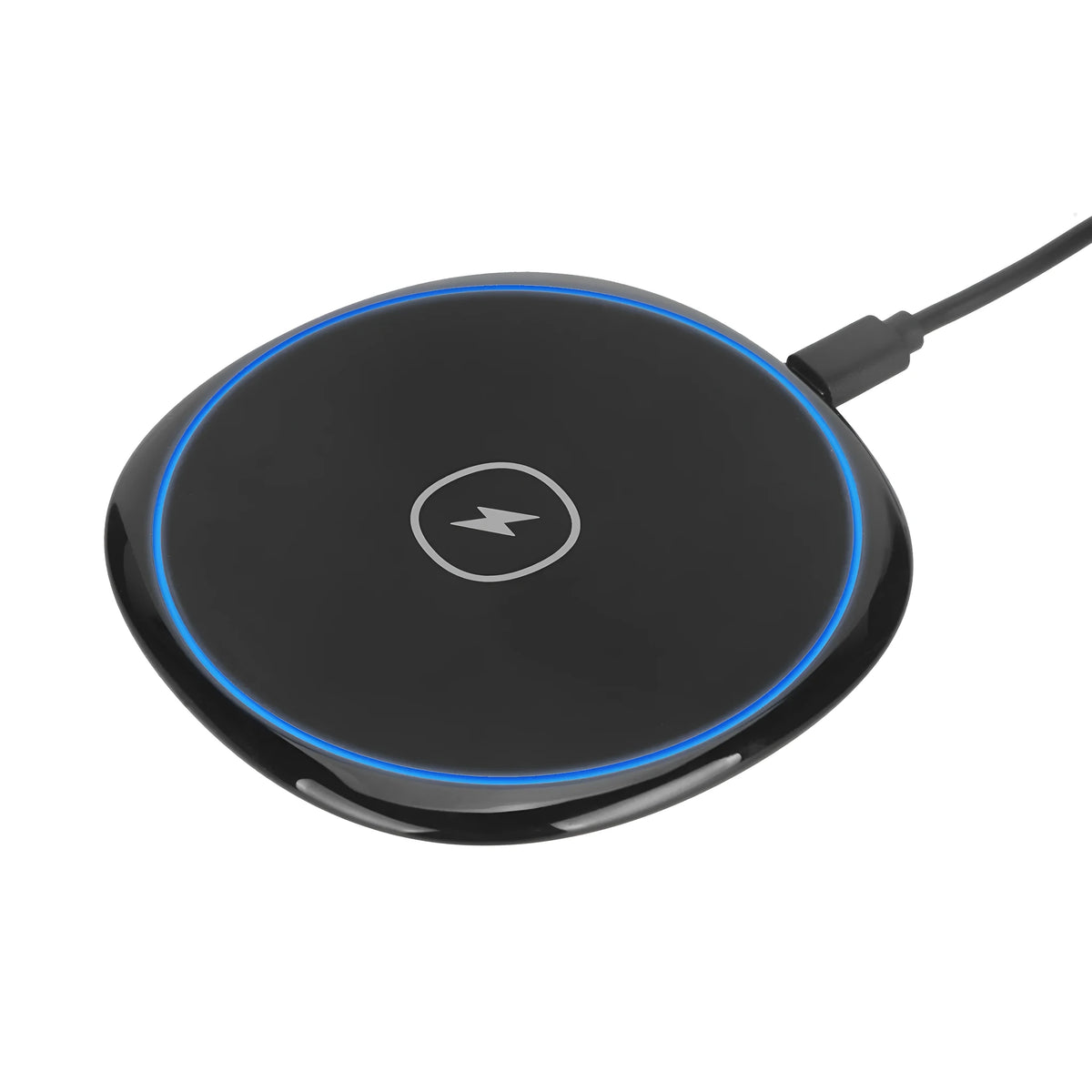 Black 15W fast wireless charger with glossy flat surface, Micro USB, for Apple and Huawei phones