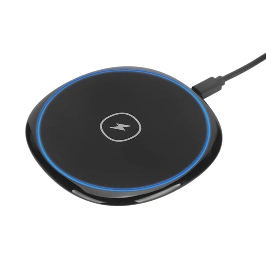 Black 15W fast wireless charger with glossy flat surface, Micro USB, for Apple and Huawei phones