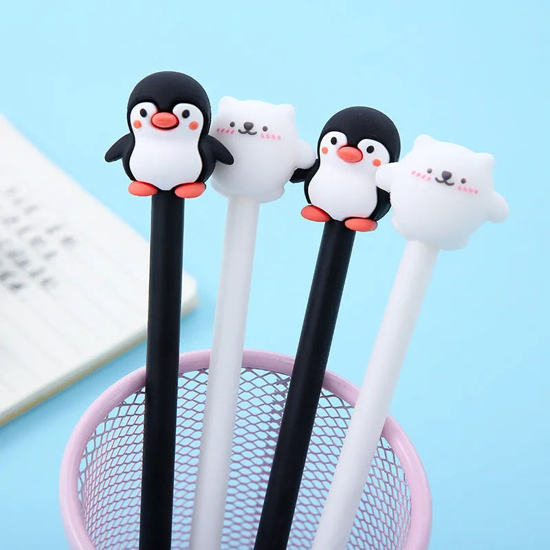 Korean cartoon penguin design silicone gel pen with 0.5mm black ink, in peacock blue and black colour options.