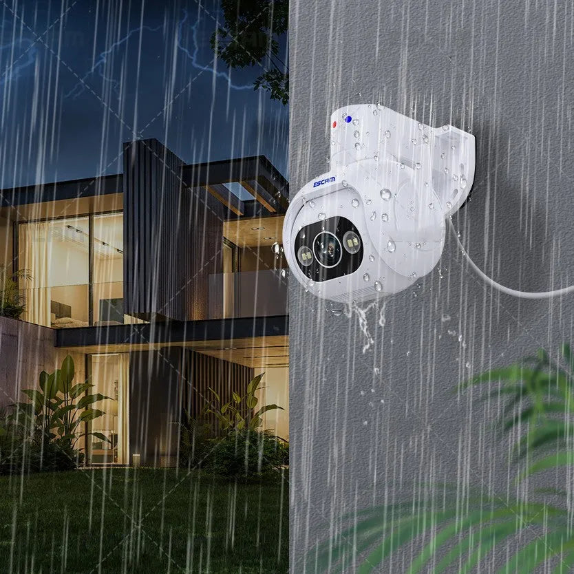 White smart security camera with wall mount bracket and 4mm lens for indoor and outdoor use.
