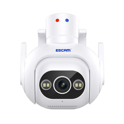 White smart security camera with wall mount bracket and 4mm lens for indoor and outdoor use.