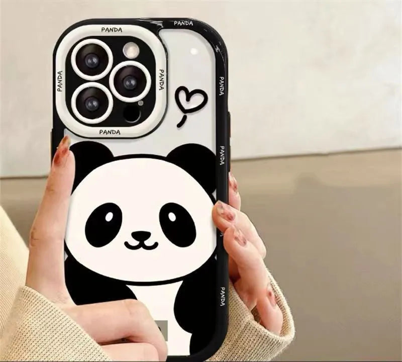 Plush Panda all-inclusive phone case in black or white, compatible with Apple and Huawei models.