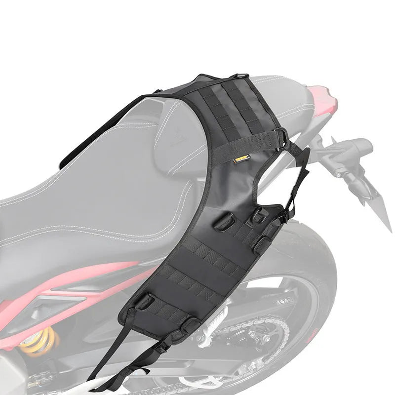 Black polyester motorcycle fuel tank mount base measuring 100cm by 40cm with side storage panels