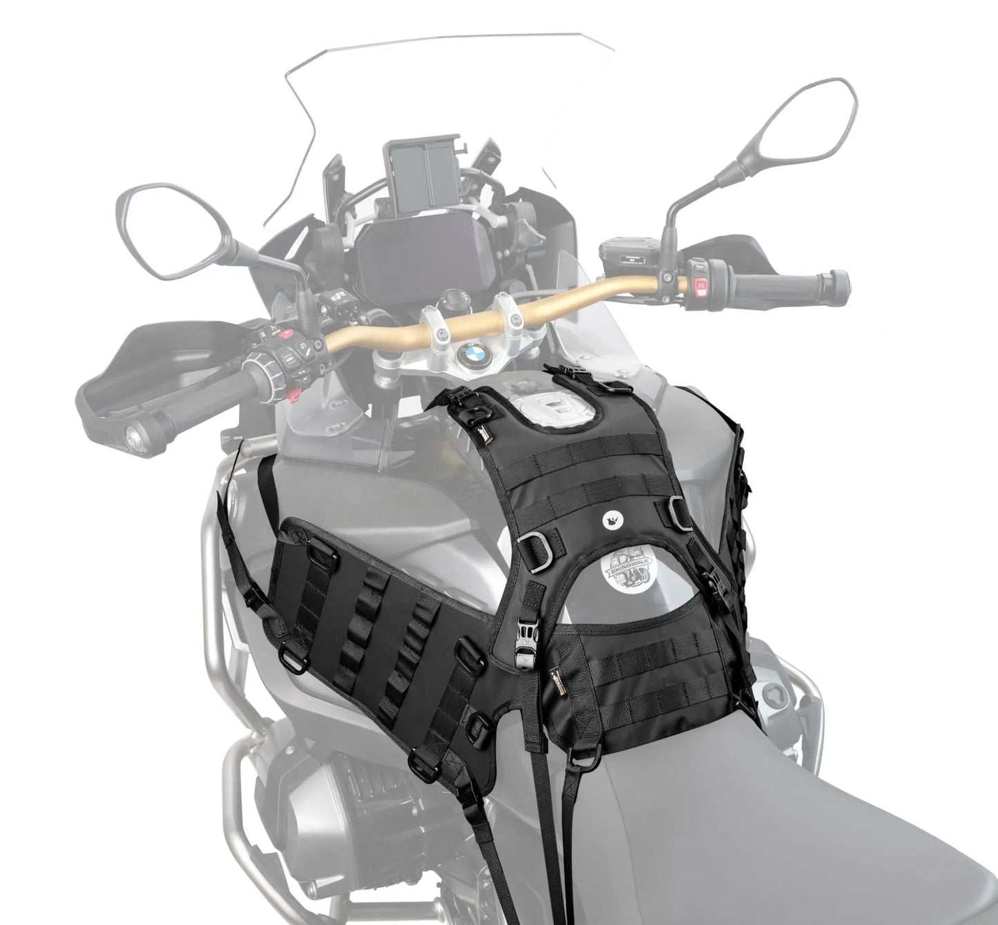 Black polyester motorcycle fuel tank mount base measuring 100cm by 40cm with side storage panels