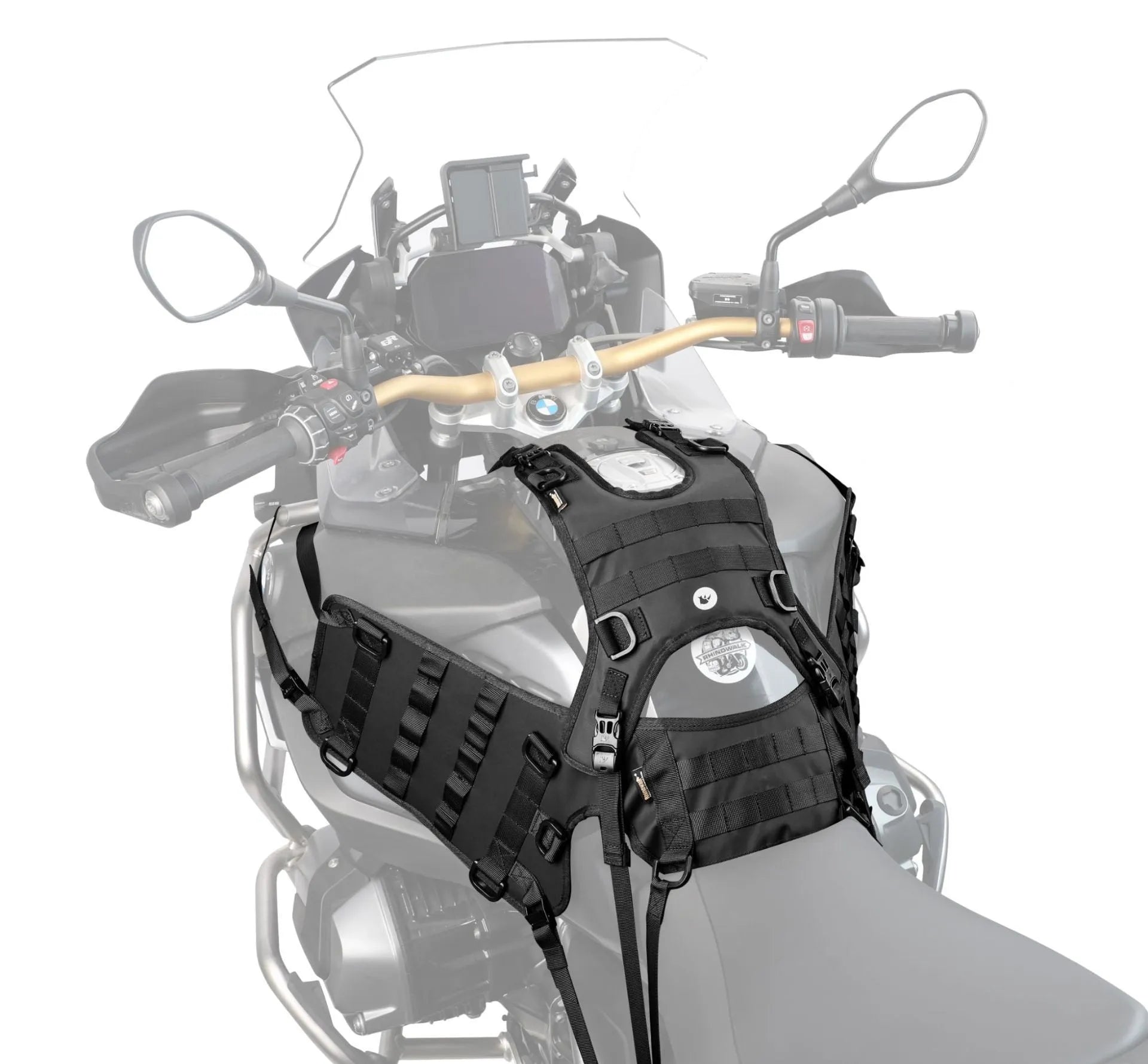 Black polyester motorcycle fuel tank mount base measuring 100cm by 40cm with side storage panels
