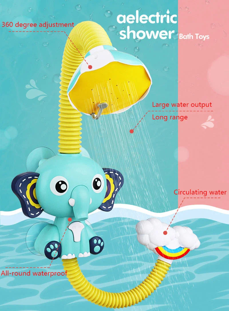Cheerful elephant-shaped bath spray toy with adjustable 360-degree water spray for kids' fun and sensory development during bath time