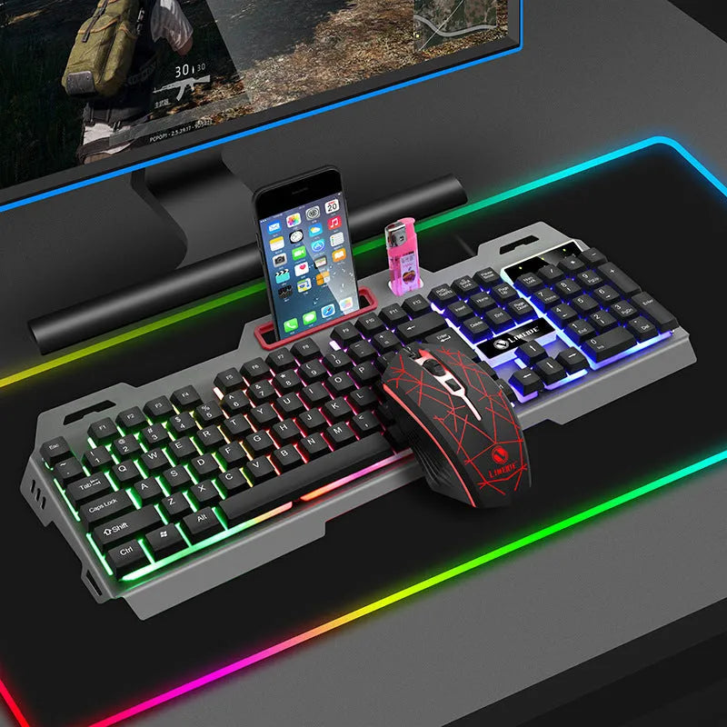 Luminous gaming keyboard and mouse combo in black or white colours with photoelectric technology