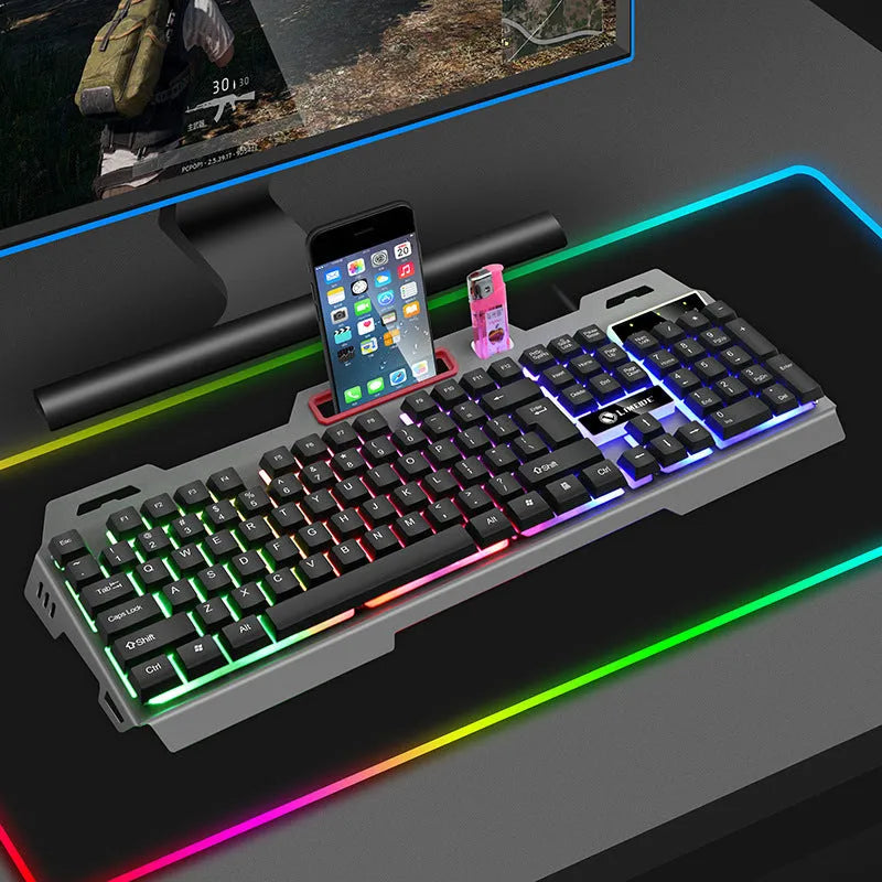 Luminous gaming keyboard and mouse combo in black or white colours with photoelectric technology