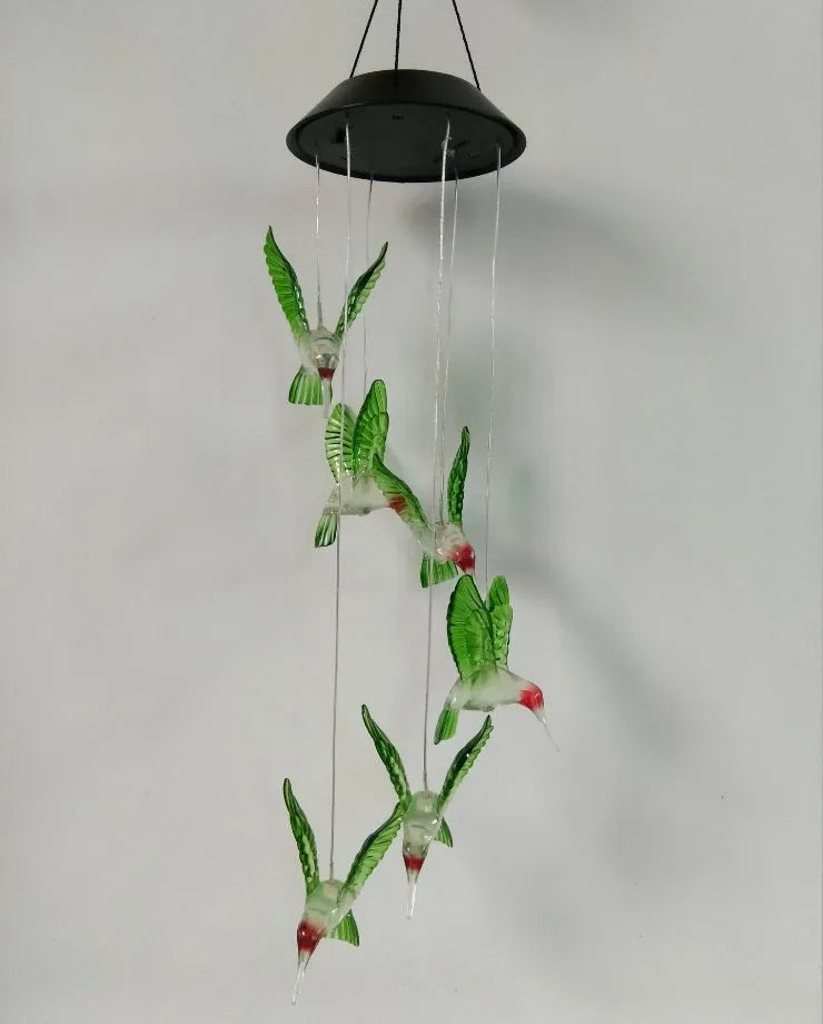 Solar wind chime with colour-changing LED, hummingbird and butterfly designs, waterproof outdoor hanging light for patio yard garden