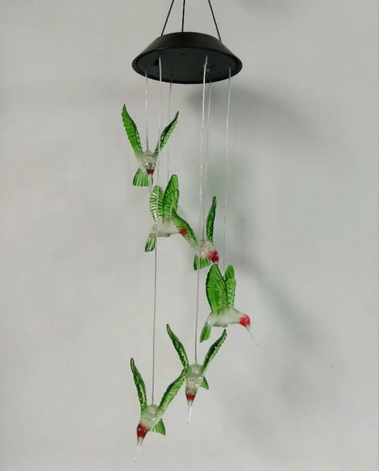 Solar wind chime with colour-changing LED, hummingbird and butterfly designs, waterproof outdoor hanging light for patio yard garden