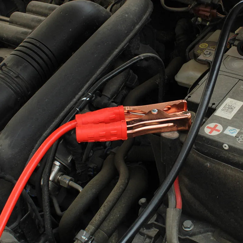 Car battery emergency kit with black and red 500A copper clamps and 2 metre cables