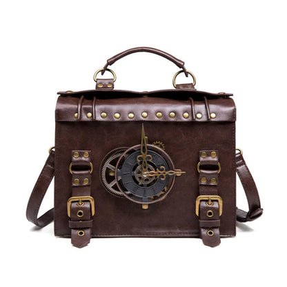 Bronze steampunk industrial retro shoulder bag with metal hardware on horizontal square pillow bag design