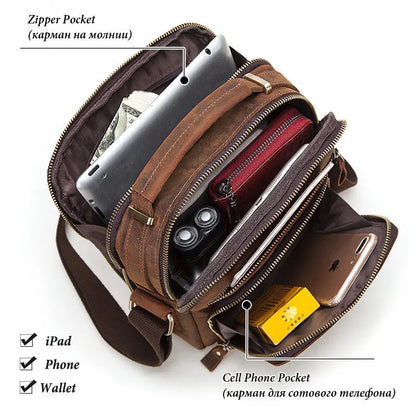 Men's brown Crazy Horse leather retro crossbody bag with single shoulder strap