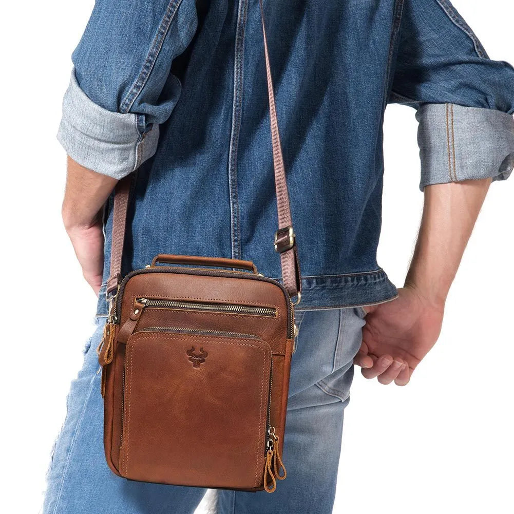 Men's brown Crazy Horse leather retro crossbody bag with single shoulder strap