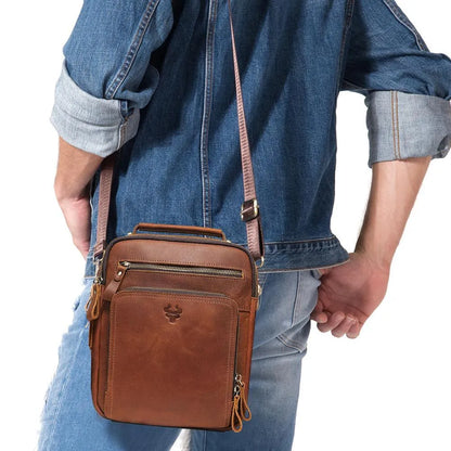 Men's brown Crazy Horse leather retro crossbody bag with single shoulder strap