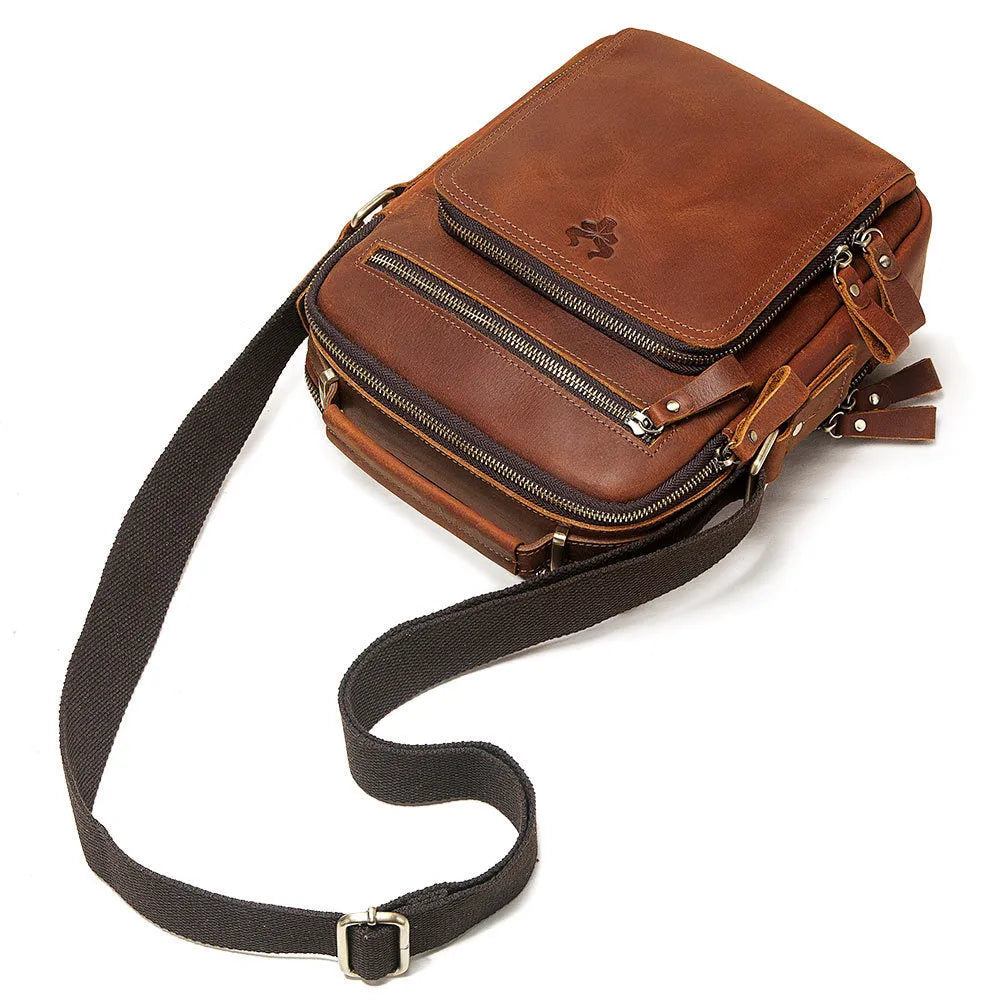Men's brown Crazy Horse leather retro crossbody bag with single shoulder strap