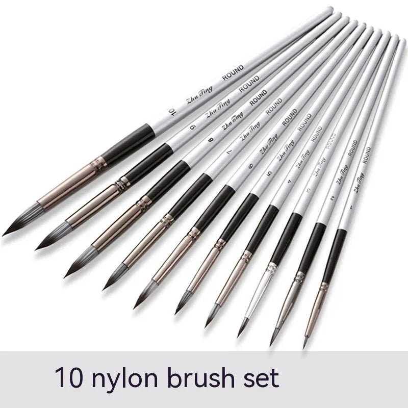 10-piece nylon watercolour oil painting brush set with wooden handles, silver-grey rods, 20-23cm