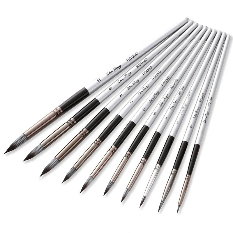 10-piece nylon watercolour oil painting brush set with wooden handles, silver-grey rods, 20-23cm