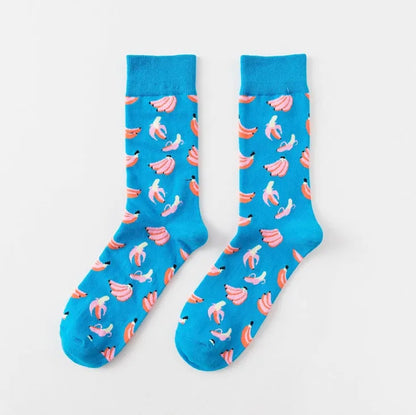 Happy tube socks with fruit banana design, cotton 200-pin knit, EU 39-43, multiple colours