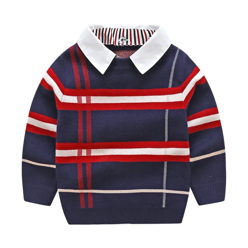 Boys plaid jacquard sweater in Apricot or Navy Blue, long-sleeve cotton-rich pullover for autumn and winter.