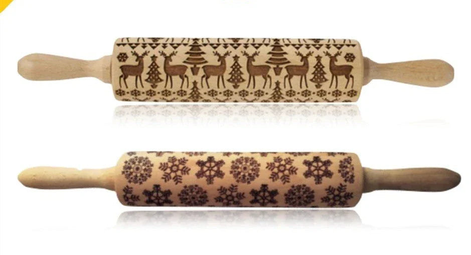 Festive rolling pin with embossed Christmas designs for easy imprinting on dough