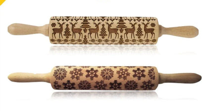 Festive rolling pin with embossed Christmas designs for easy imprinting on dough