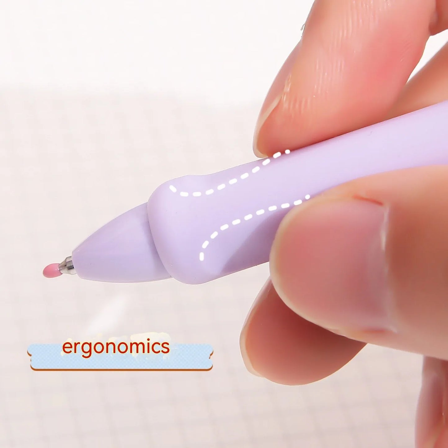 Macaron colour press gel pen with 0.5mm tip shown in smoked brown, powder, and white refill options.