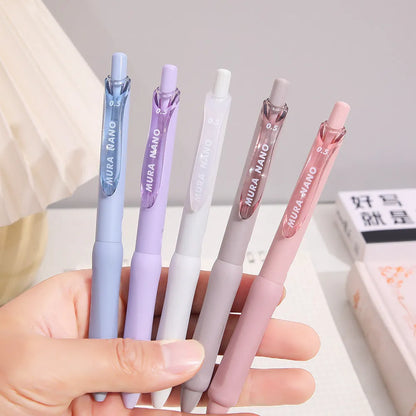Macaron colour press gel pen with 0.5mm tip shown in smoked brown, powder, and white refill options.