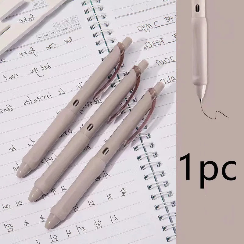Macaron colour press gel pen with 0.5mm tip shown in smoked brown, powder, and white refill options.