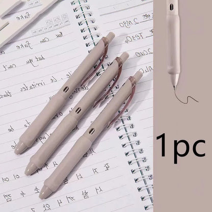 Macaron colour press gel pen with 0.5mm tip shown in smoked brown, powder, and white refill options.