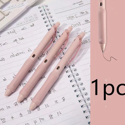 Macaron colour press gel pen with 0.5mm tip shown in smoked brown, powder, and white refill options.