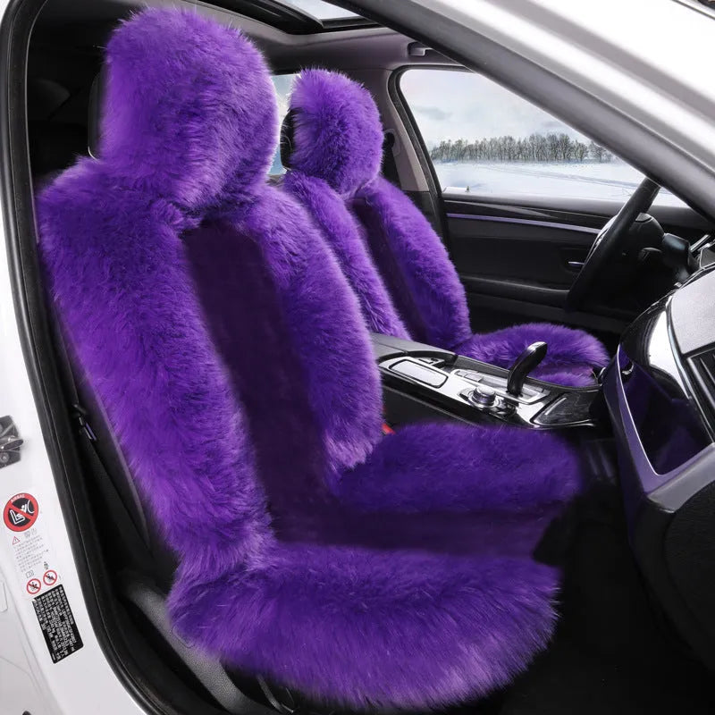 Purple plush fleece car seat cushion set for driver and passenger winter warmth