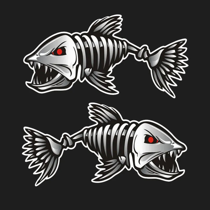 Horror skeleton shark design reflective bumper sticker for fishing gear in three size pairs.