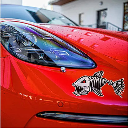 Horror skeleton shark design reflective bumper sticker for fishing gear in three size pairs.