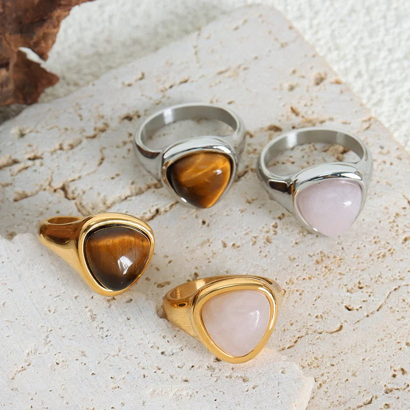 Elegant titanium steel ring with natural stones in various colours and styles, perfect for unisex wear