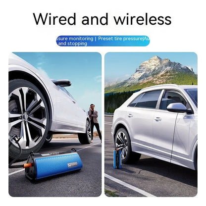 Black portable car tyre inflator with digital display, LED light, and connected air hose on a grey background