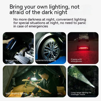Black portable car tyre inflator with digital display, LED light, and connected air hose on a grey background