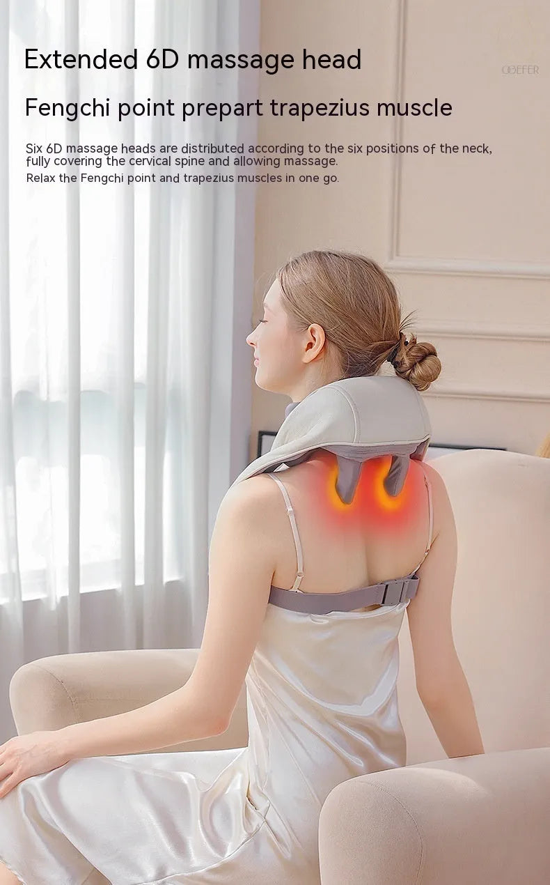Creamy white rechargeable shoulder and neck kneading massager with USB cable.