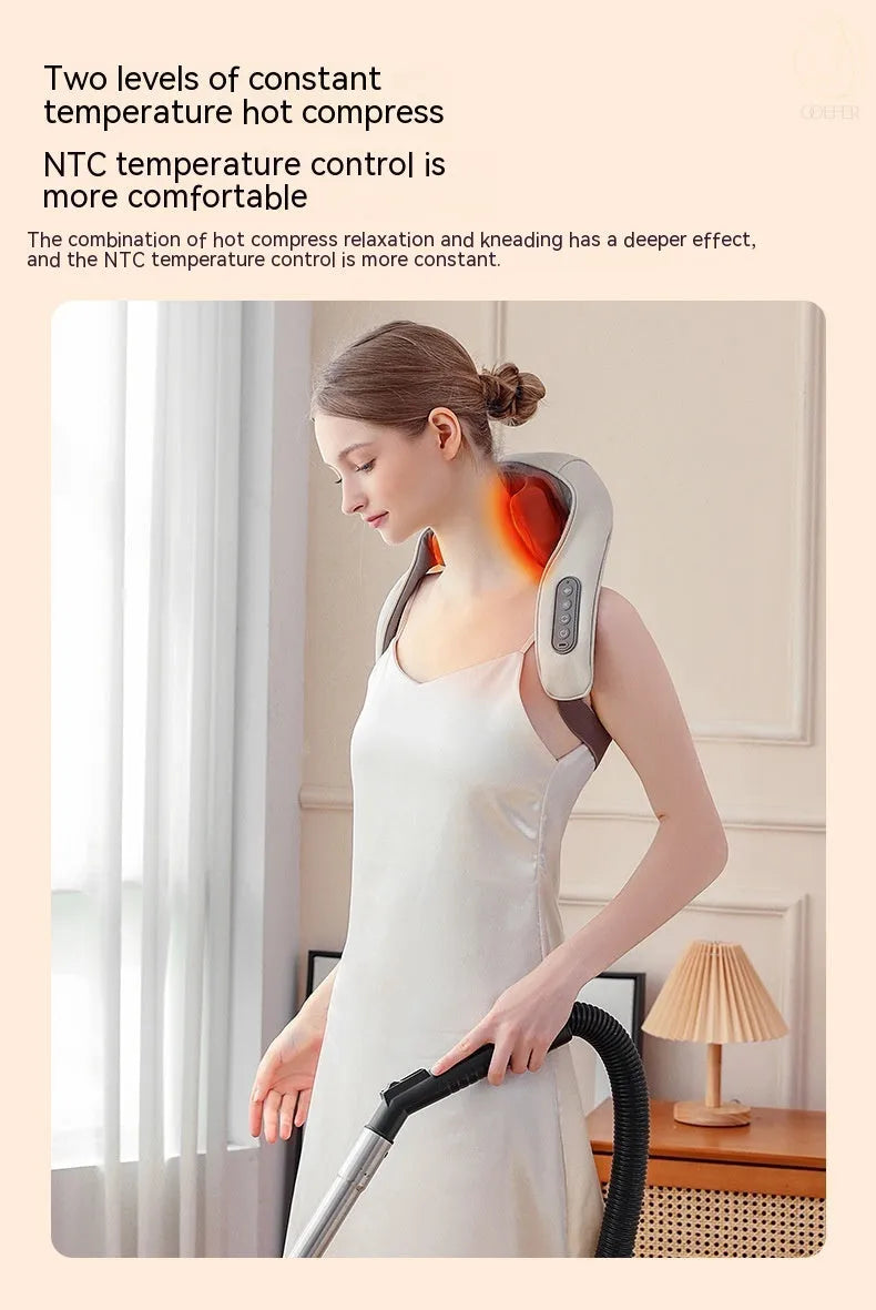 Creamy white rechargeable shoulder and neck kneading massager with USB cable.