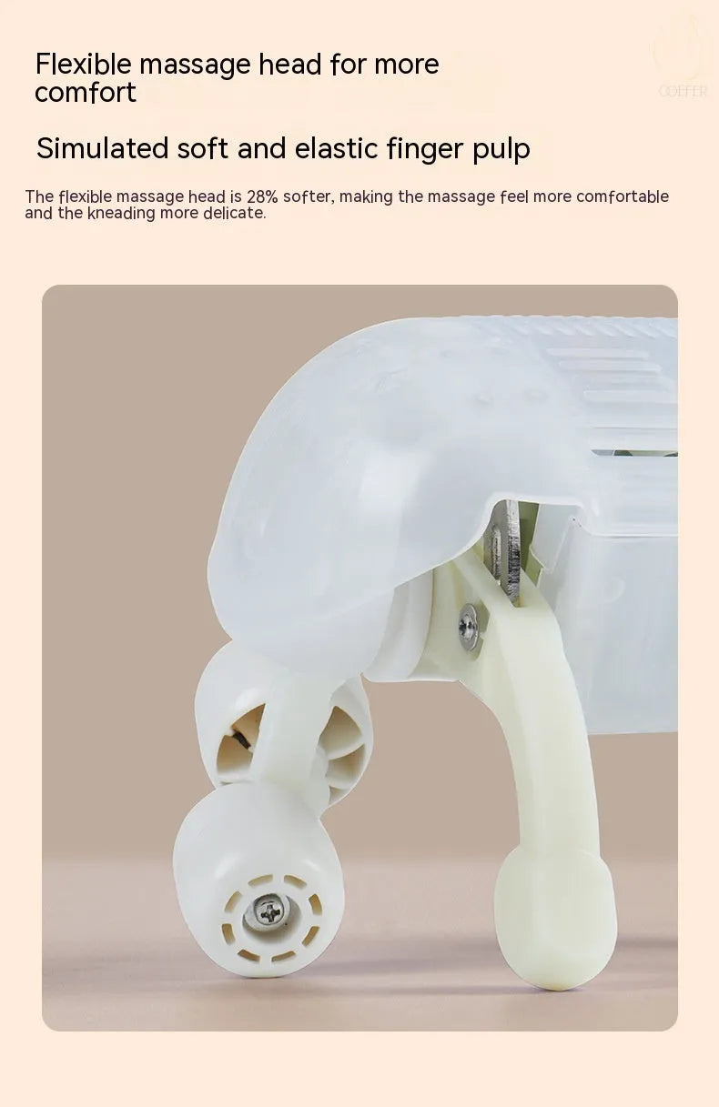 Creamy white rechargeable shoulder and neck kneading massager with USB cable.